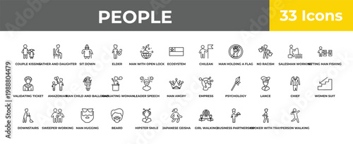 outline people icons set - man child and balloons, sweeper working, shot put. editable vector for web and mobile ui