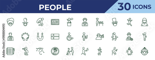 outline people icons set - amazonian, tumb up business man, pencil and notebook. editable vector for web and mobile ui