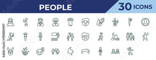 outline people icons set - surprised smile, give flower, dancing man. editable vector for web and mobile ui