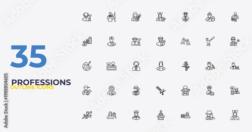 outline professions icons set - pensioner, mechanic, physician assistant. editable vector for web and mobile ui