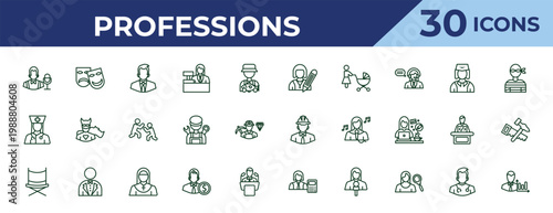 outline professions icons set - writer, physician assistant, director. editable vector for web and mobile ui