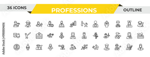 outline professions icons set - baby sitter, lumberjack, chemist. editable vector for web and mobile ui