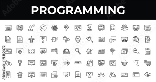 outline programming icons set - seo funnel, mobile development, program interface. editable vector for web and mobile ui