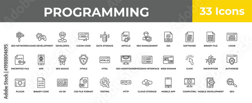 outline programming icons set - seo badge, binary code, seo. editable vector for web and mobile ui