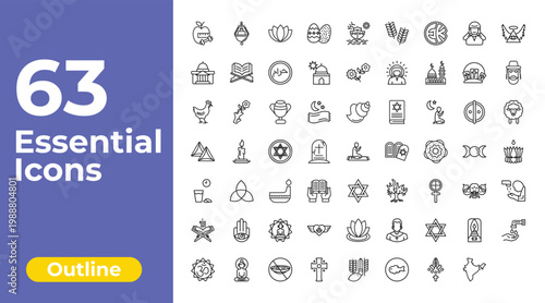 outline religion icons set - easter eggs, flowers, old oil lamp. editable vector for web and mobile ui