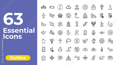 outline religion icons set - yarmulke, cobra, genie lamp. editable vector for web and mobile ui