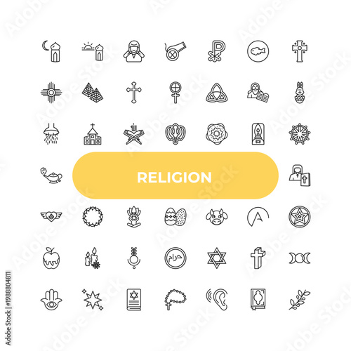 outline religion icons set - shower head and water, crown of thorns, hebrew. editable vector for web and mobile ui