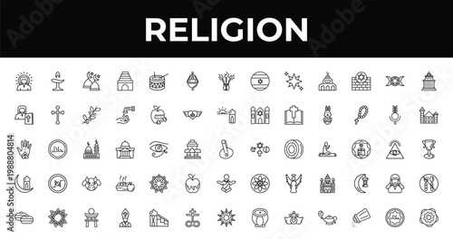 outline religion icons set - jewish incense, wat maha that, pope. editable vector for web and mobile ui