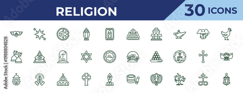 outline religion icons set - minbar, abrahamic, lion of judah. editable vector for web and mobile ui