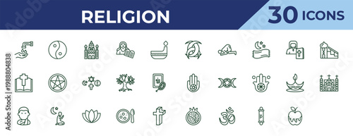 outline religion icons set - odin, gospel, buddhist monk. editable vector for web and mobile ui