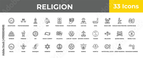 outline religion icons set - om, monk, ramadan sunrise. editable vector for web and mobile ui