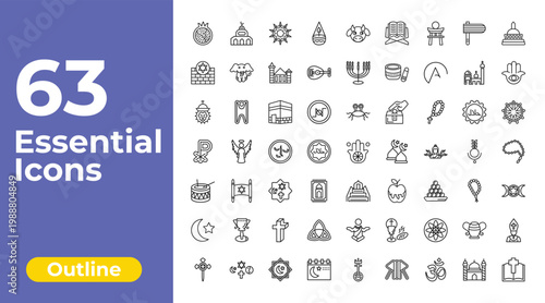 outline religion icons set - ner tamid, menorah, pope. editable vector for web and mobile ui