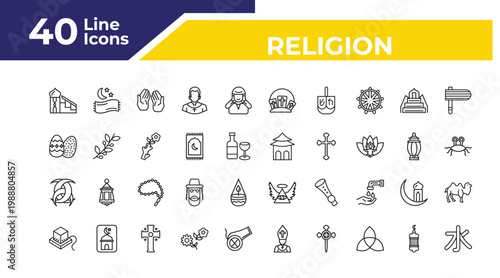 outline religion icons set - easter eggs, odin, tefilin. editable vector for web and mobile ui
