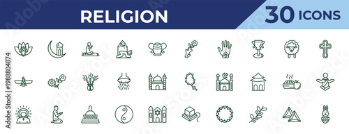 outline religion icons set - budding staff, faravahar, jesus. editable vector for web and mobile ui