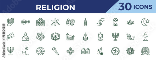 outline religion icons set - islamic lantern, religious salt, jewish candles. editable vector for web and mobile ui
