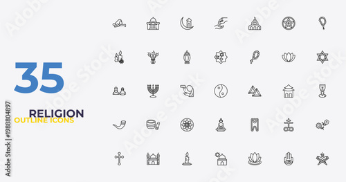 outline religion icons set - monotheism, humanism, koran. editable vector for web and mobile ui