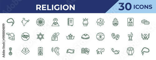 outline religion icons set - kalasha, islamic ghusl, united church of christ. editable vector for web and mobile ui