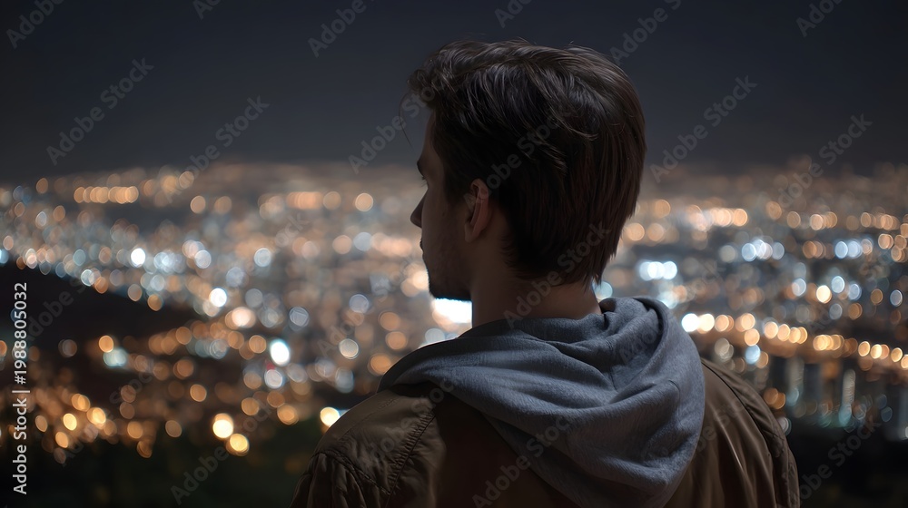 Fototapeta premium A thoughtful individual stands against the mesmerizing backdrop of a sprawling illuminated nighttime city skyline
