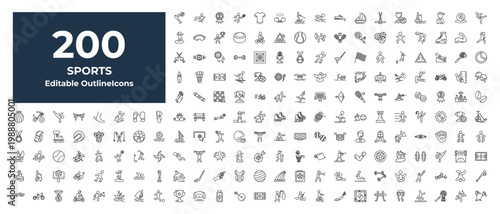 outline sports icons set - skiing down hill, exercise ball, canoe sport. editable vector for web and mobile ui