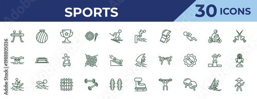 outline sports icons set - swimming jump, swimming, man in canoe. editable vector for web and mobile ui