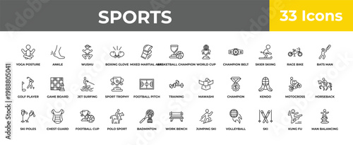 outline sports icons set - jet surfing, chest guard, man balancing. editable vector for web and mobile ui