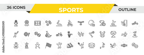 outline sports icons set - weight lifting, race bike, excersice. editable vector for web and mobile ui