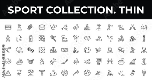 outline sport collection. thin icons set - rinkball, award, man lifting weight. editable vector for web and mobile ui