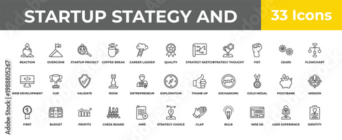 outline startup stategy and icons set - validate, budget, identity. editable vector for web and mobile ui