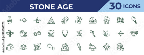 outline stone age icons set - meteorite, cudgel, plate. editable vector for web and mobile ui