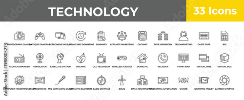 outline technology icons set - satellite station, panoramic, camera shutter. editable vector for web and mobile ui