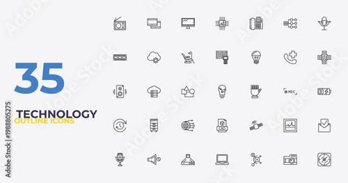 outline technology icons set - portable scanner, satellite connection, navigation compass. editable vector for web and mobile ui