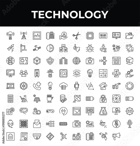 outline technology icons set - lightning arrow, back end, big old microphone. editable vector for web and mobile ui