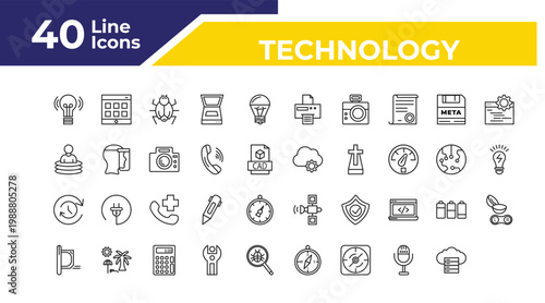 outline technology icons set - ide, electric light bulb, contact lens. editable vector for web and mobile ui