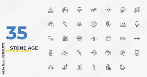 outline stone age icons set - wheel, boomerang, roast chicken. editable vector for web and mobile ui