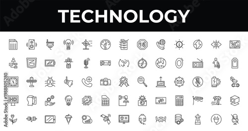 outline technology icons set - vehicle speedometer, attributes, lamp post. editable vector for web and mobile ui