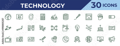 outline technology icons set - caching, satellite connection, old tv. editable vector for web and mobile ui