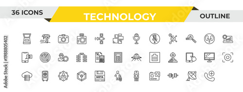 outline technology icons set - microphone voice, calculations, air cooler. editable vector for web and mobile ui