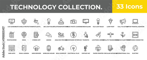 outline technology collection. icons set - hybrid app, email agenda, electric. editable vector for web and mobile ui