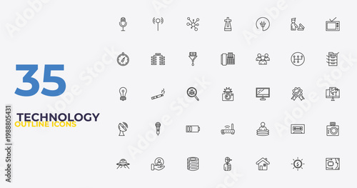 outline technology icons set - telephone with fax, teletransportation, circuit board. editable vector for web and mobile ui