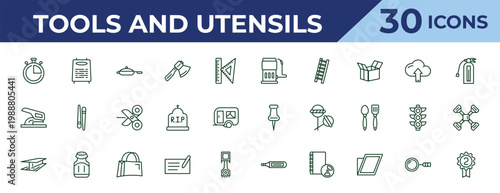 outline tools and utensils icons set - fuel oil bomb service, hole puncher, metal. editable vector for web and mobile ui