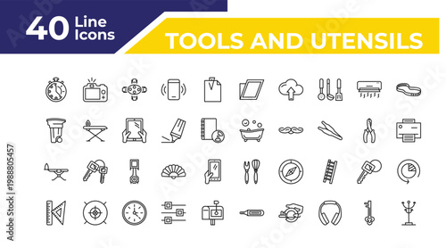 outline tools and utensils icons set - recycling can, iron board, squad. editable vector for web and mobile ui