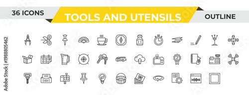 outline tools and utensils icons set - cardinal points, target circles, tray for papers. editable vector for web and mobile ui
