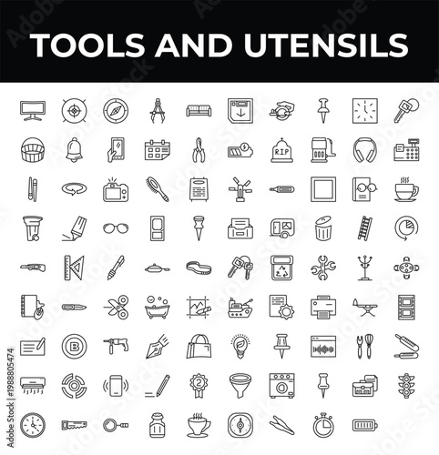 outline tools and utensils icons set - empty shopping basket, time left, semaphore light. editable vector for web and mobile ui