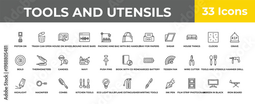 outline tools and utensils icons set - candies, magnifier, iron board. editable vector for web and mobile ui