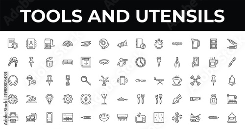 outline tools and utensils icons set - electric bell, writing tools, sound wave bars. editable vector for web and mobile ui