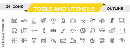 outline tools and utensils icons set - ringing, house things, semaphore lights. editable vector for web and mobile ui