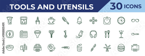 outline tools and utensils icons set - hanging bell, cardinal points, water bowl. editable vector for web and mobile ui