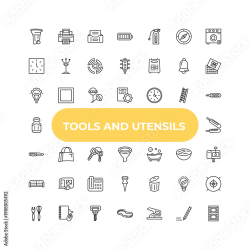 outline tools and utensils icons set - incandescent, bag with big handle, trash can open. editable vector for web and mobile ui