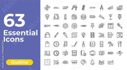 outline tools and utensils icons set - key ring with two keys, empty shopping basket, firetruck. editable vector for web and mobile ui
