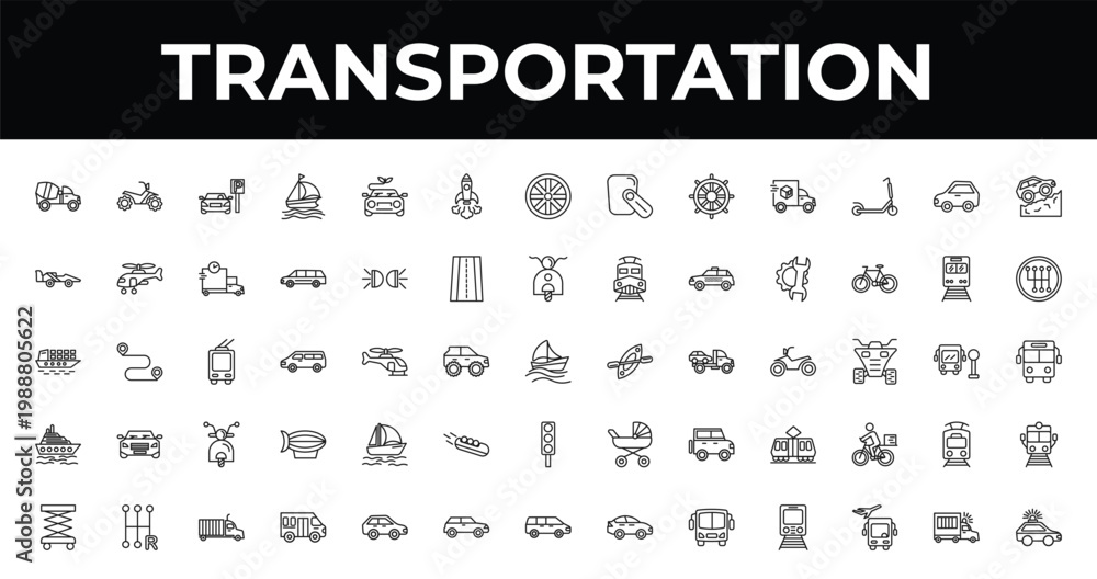 Fototapeta premium outline transportation icons set - space rocket launch, gearshift, school van. editable vector for web and mobile ui
